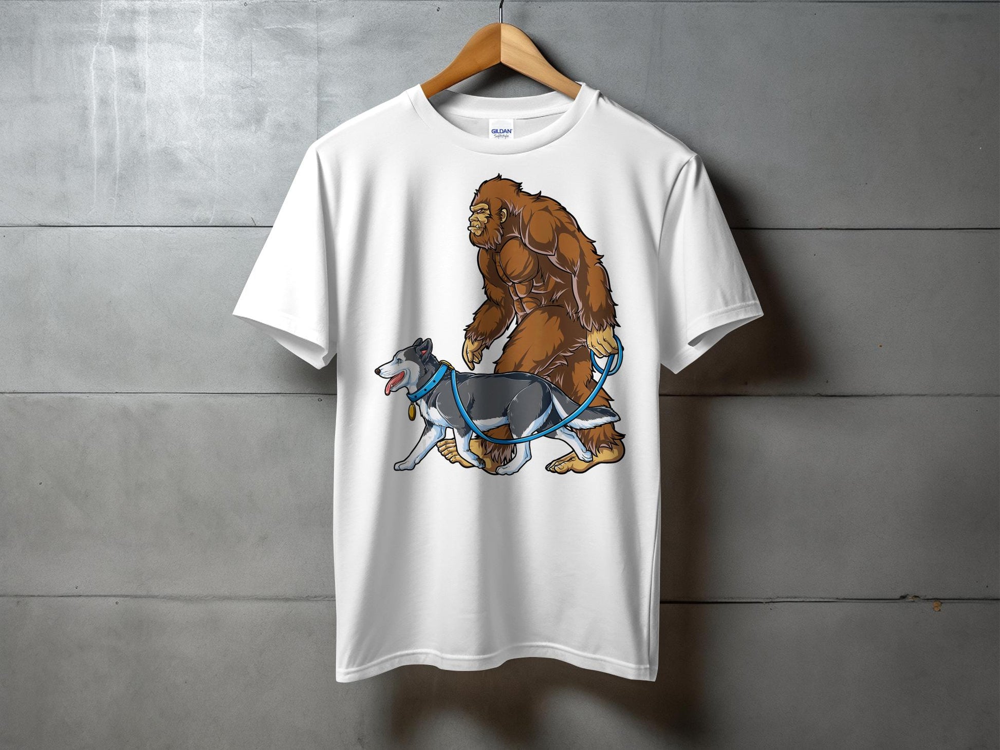 Bigfoot Walking Husky Cartoon Print T-Shirt