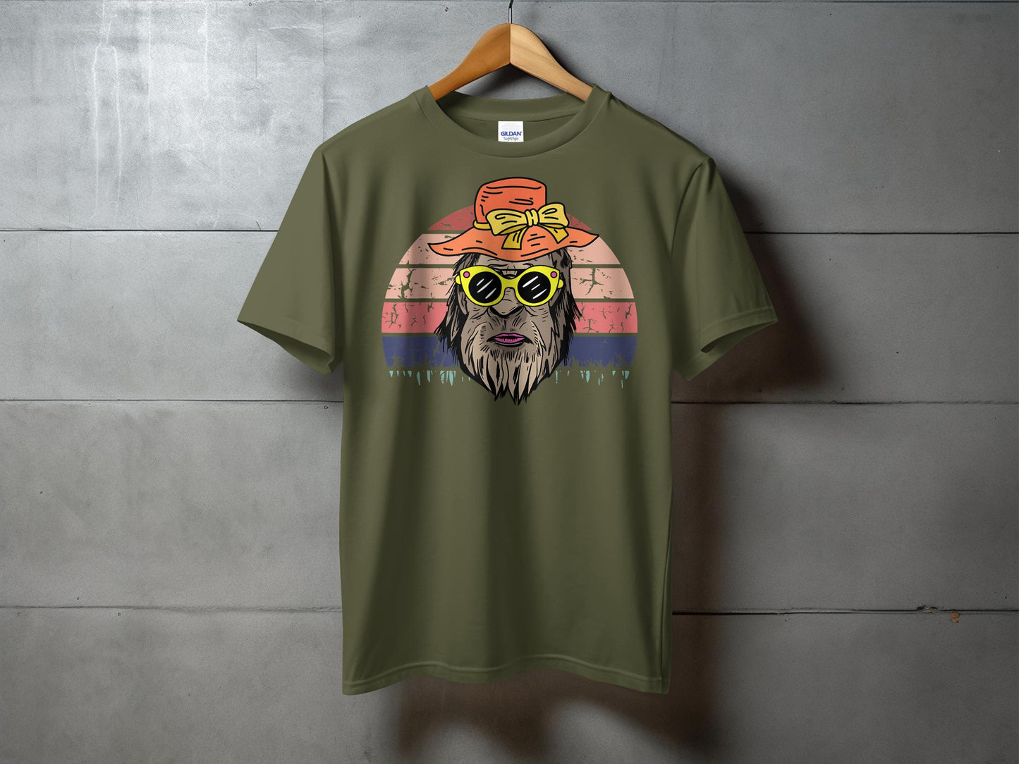 Retro Sunset Bigfoot Mama with Hat Graphic T-Shirt