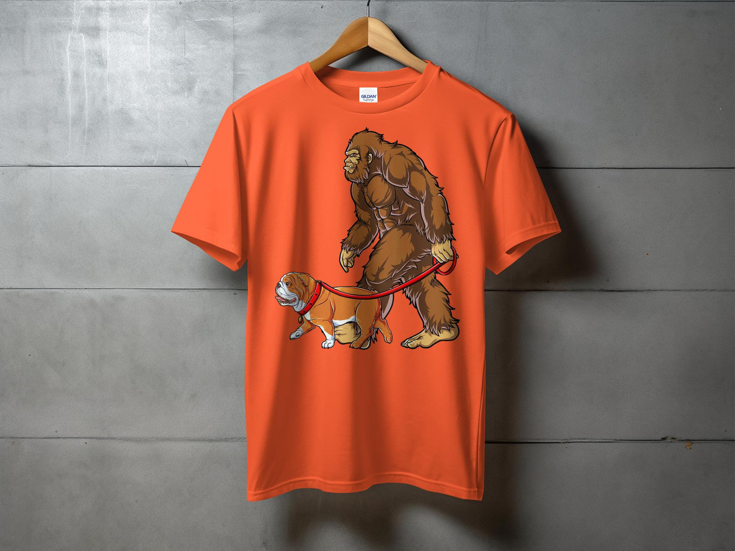 Funny Bigfoot Walking Bulldog Cartoon Graphic T-Shirt