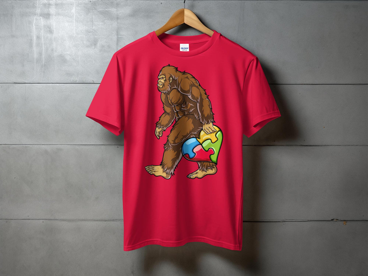 Colorful Autism Puzzle Heart and Bigfoot Walking T-Shirt