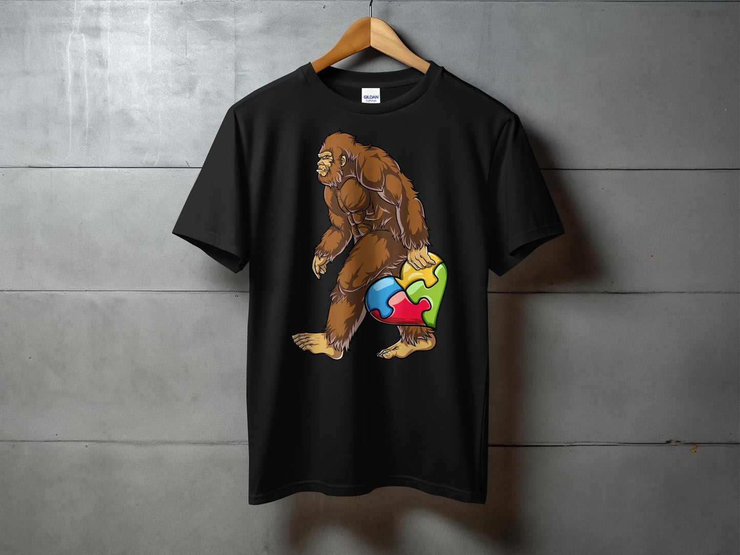 Colorful Autism Puzzle Heart and Bigfoot Walking T-Shirt