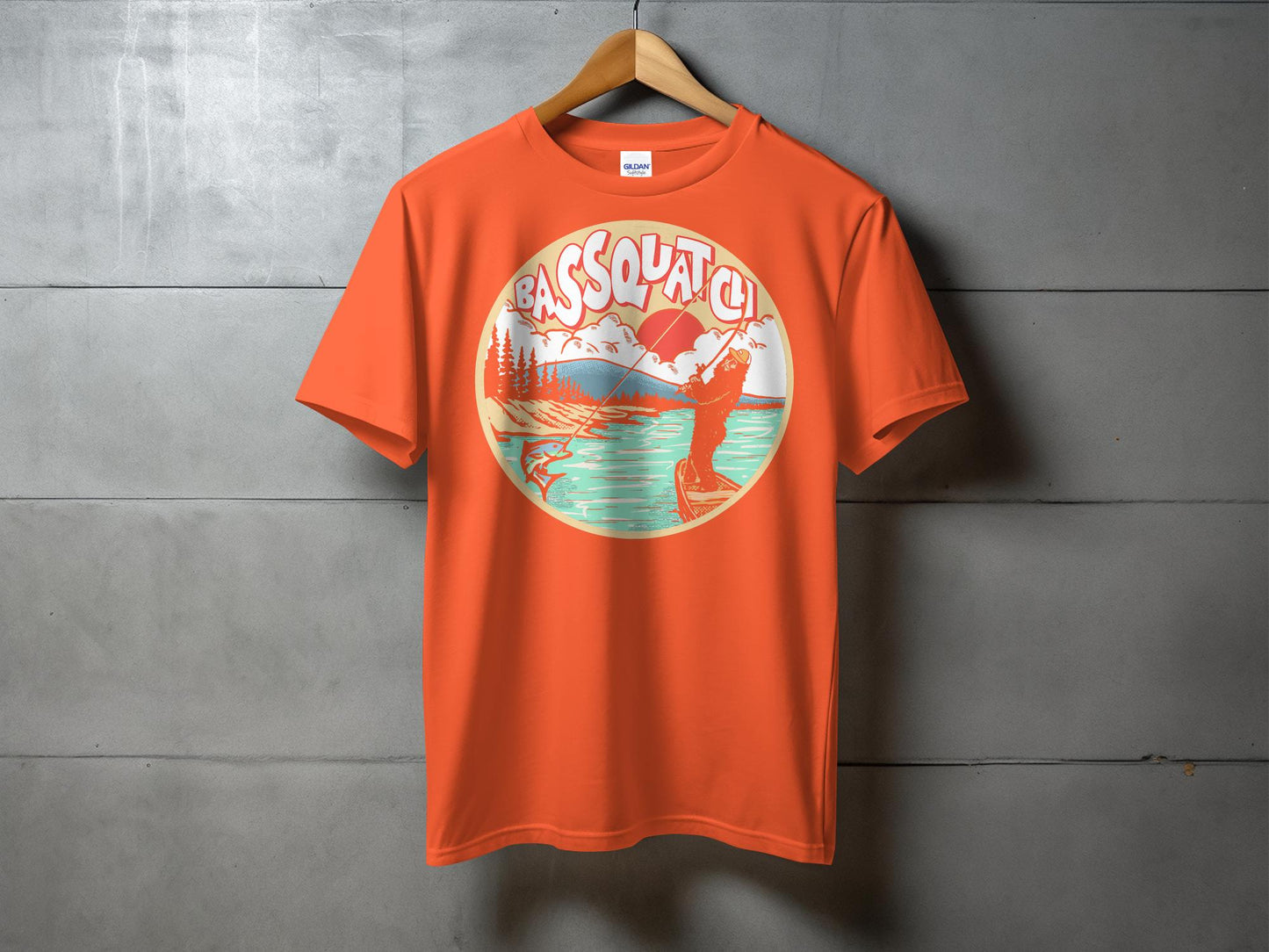 Bassquatch Catching Fish Illustration T-Shirt