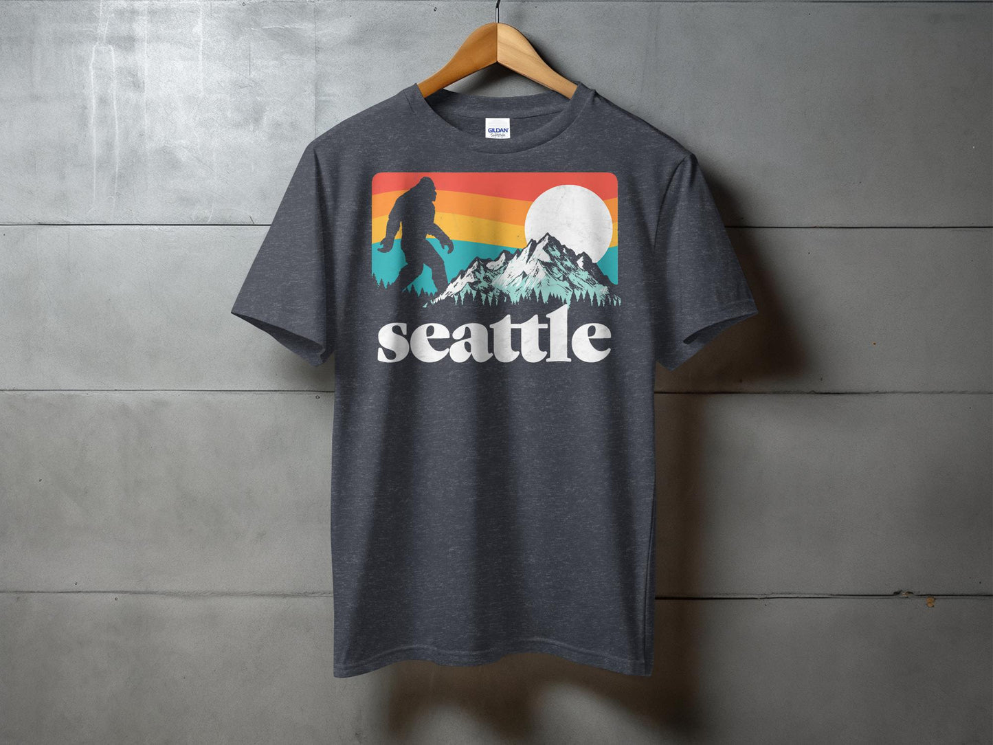 Bigfoot Seattle T-Shirt, Retro Sunset Graphic Tee, Pacific Northwest Bigfoot Shirt, Mountain Sasquatch Shirt, Vintage Seattle T-Shirt