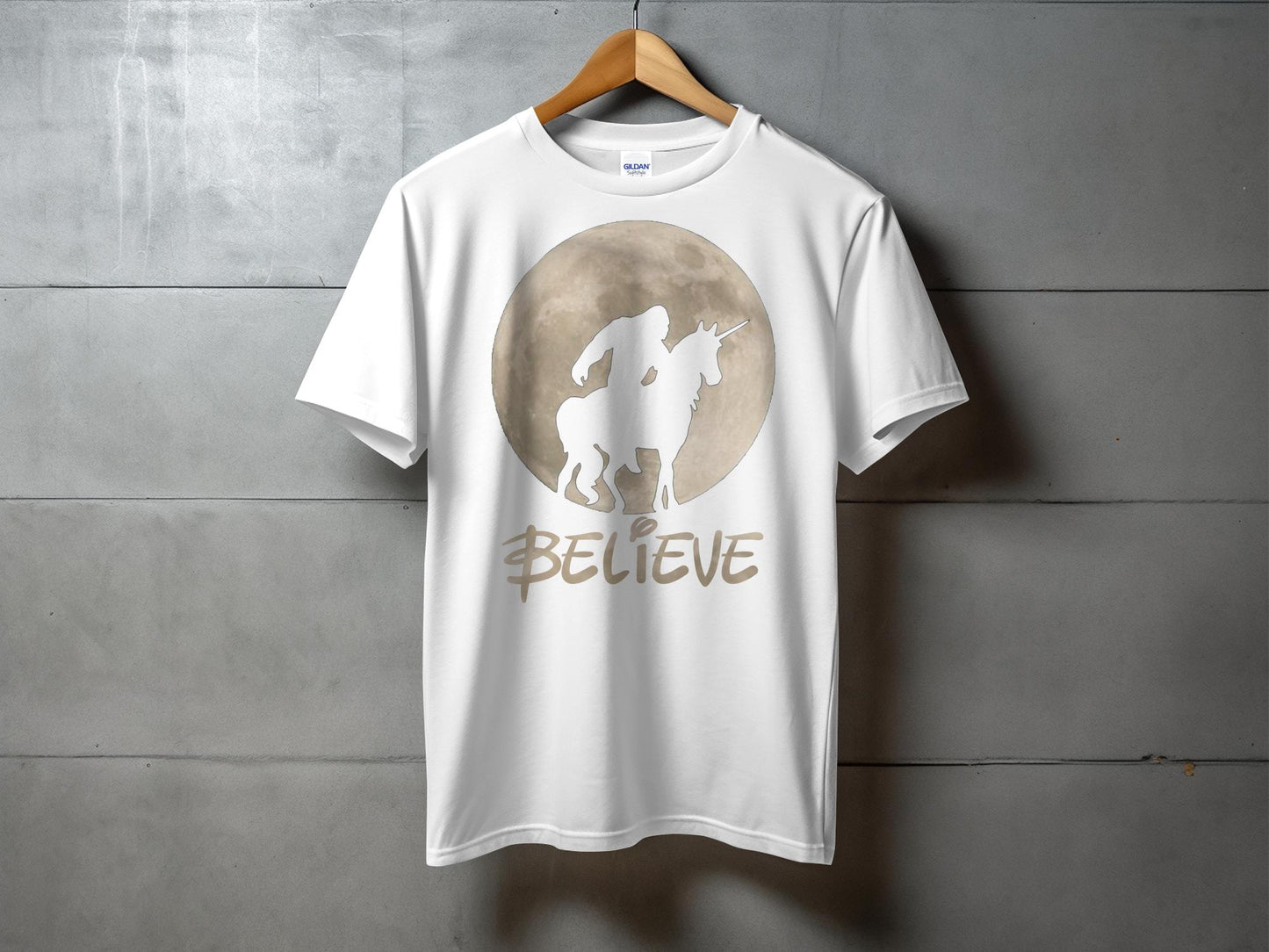 Bigfoot Riding Unicorn Believe Graphic Print T-Shirt