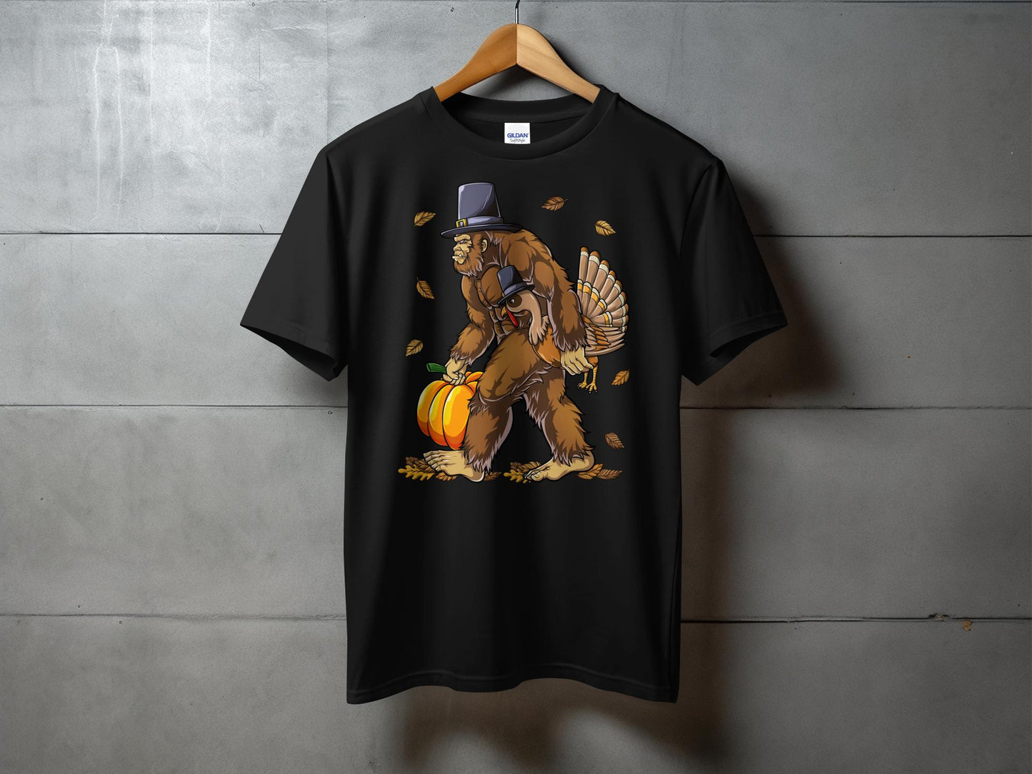 Festive Bigfoot Carrying Pumpkin and Turkey T-Shirt