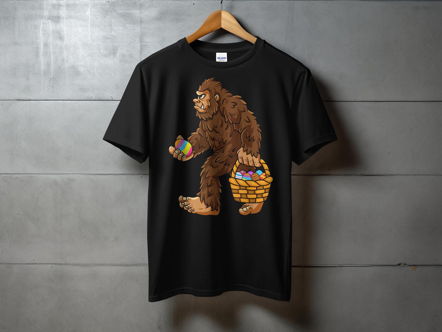 Bigfoot Holding Basket of Colorful Easter Eggs T-Shirt