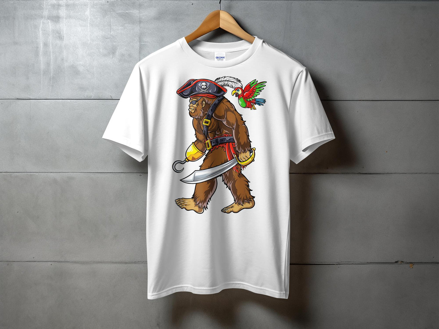 Funny Bigfoot Pirate Parrot Cartoon Graphic T-Shirt