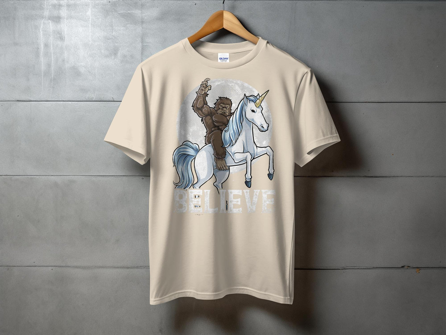 Bigfoot Riding Unicorn Believe Graphic T-Shirt