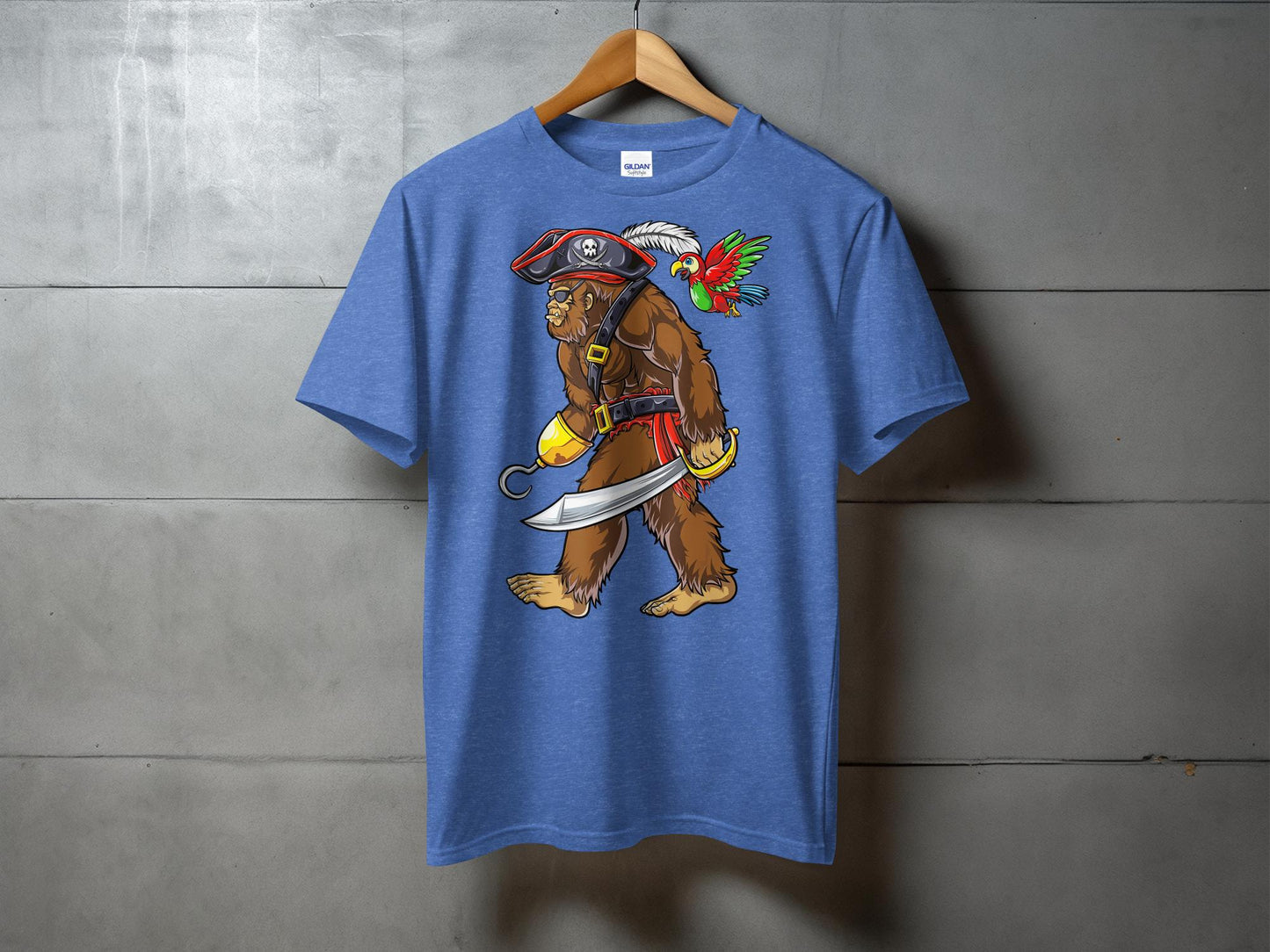 Funny Bigfoot Pirate Parrot Cartoon Graphic T-Shirt