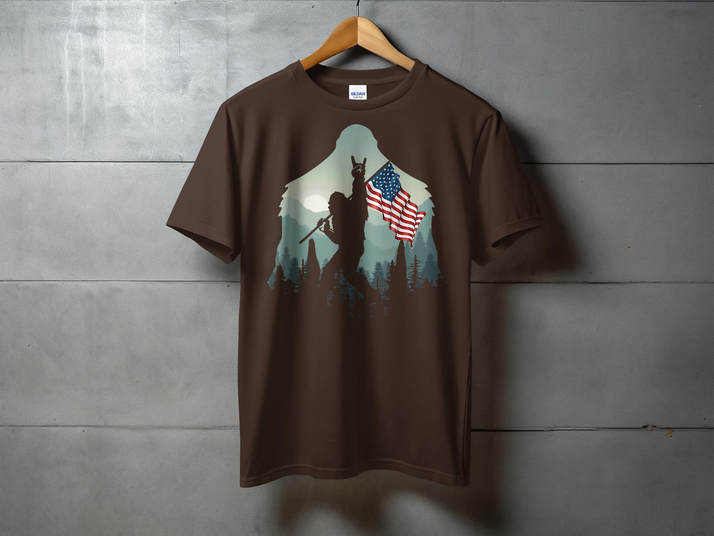 Bigfoot Silhouette Holding USA Flag Graphic T-Shirt