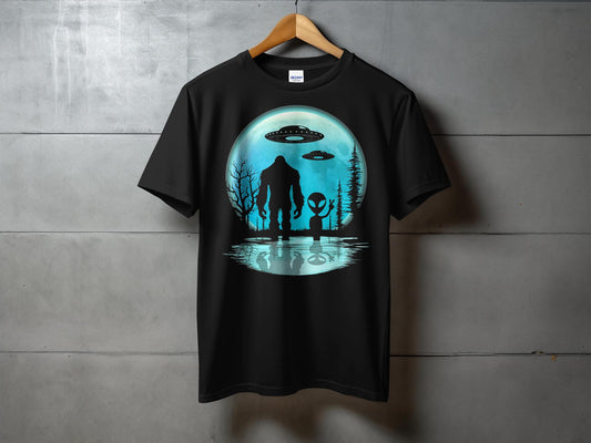 Bigfoot Alien Encounter Under UFOs T-Shirt