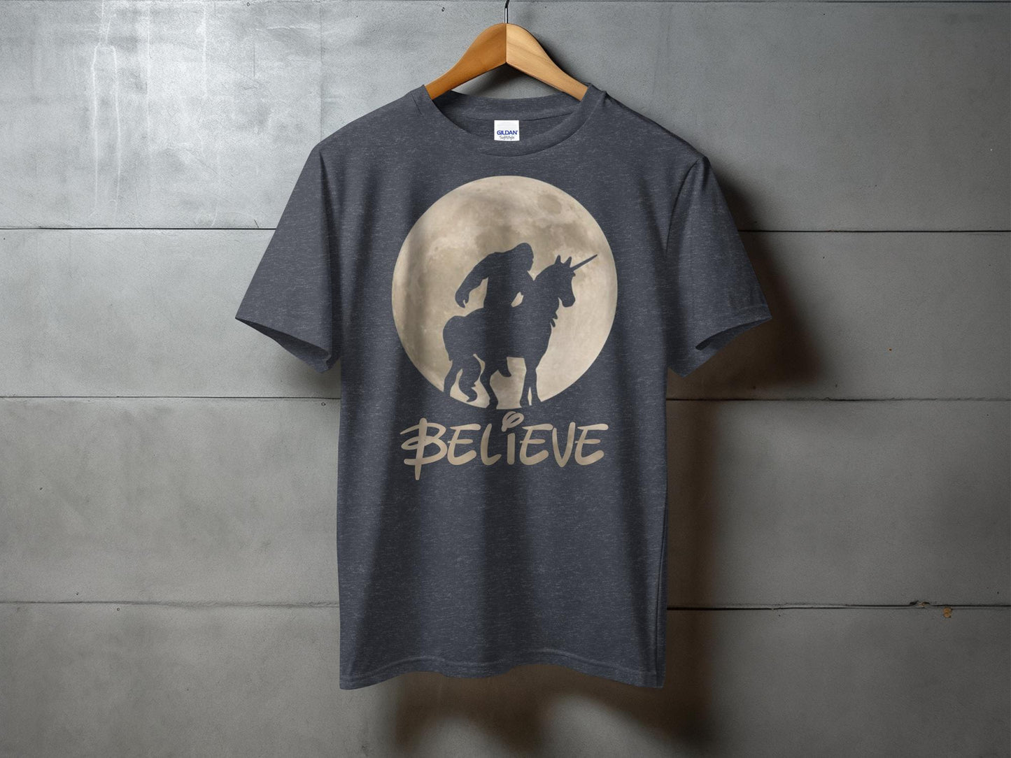 Bigfoot Riding Unicorn Believe Graphic Print T-Shirt