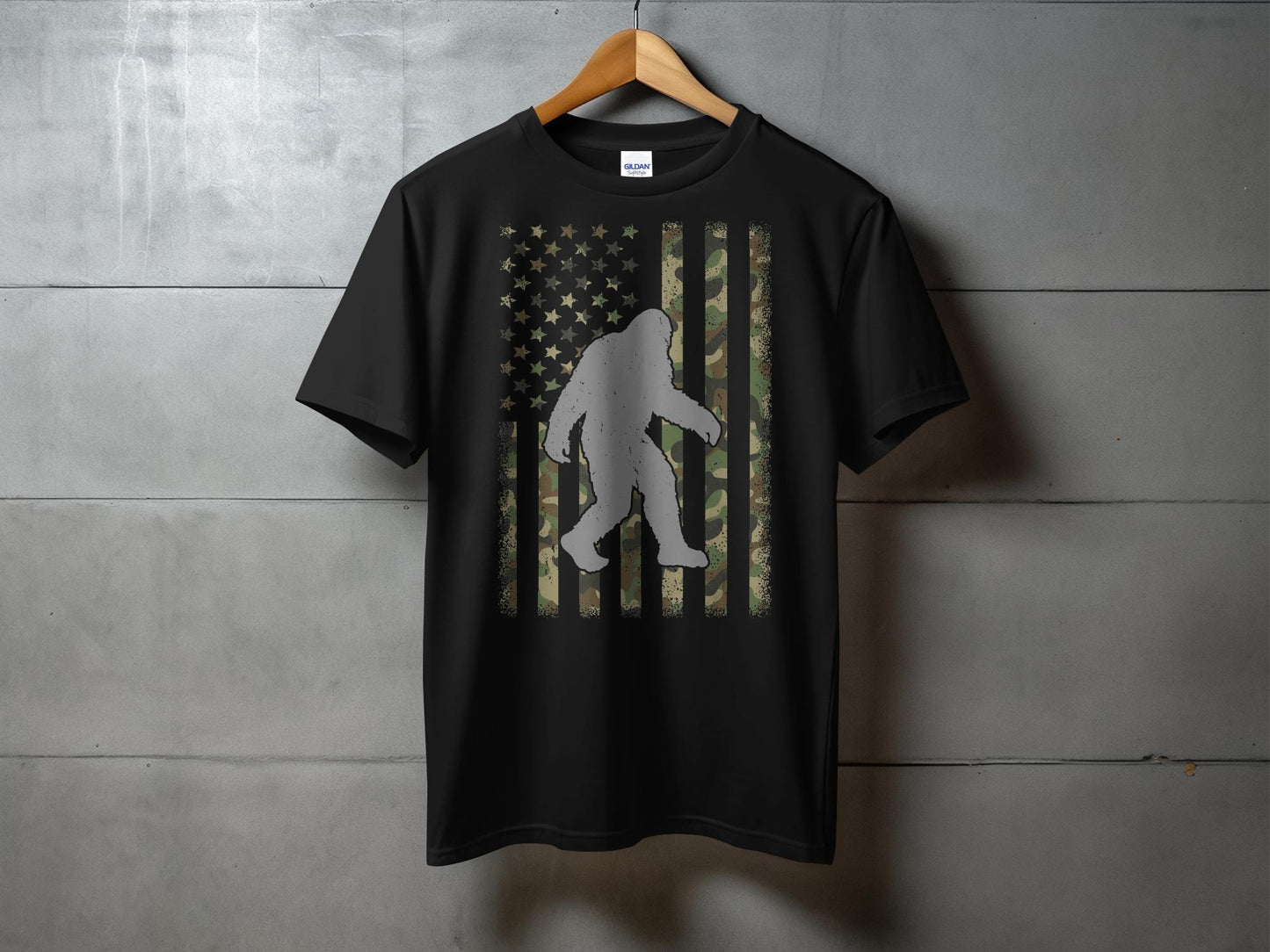 Camo Patterned Flag with Sasquatch Silhouette T-Shirt