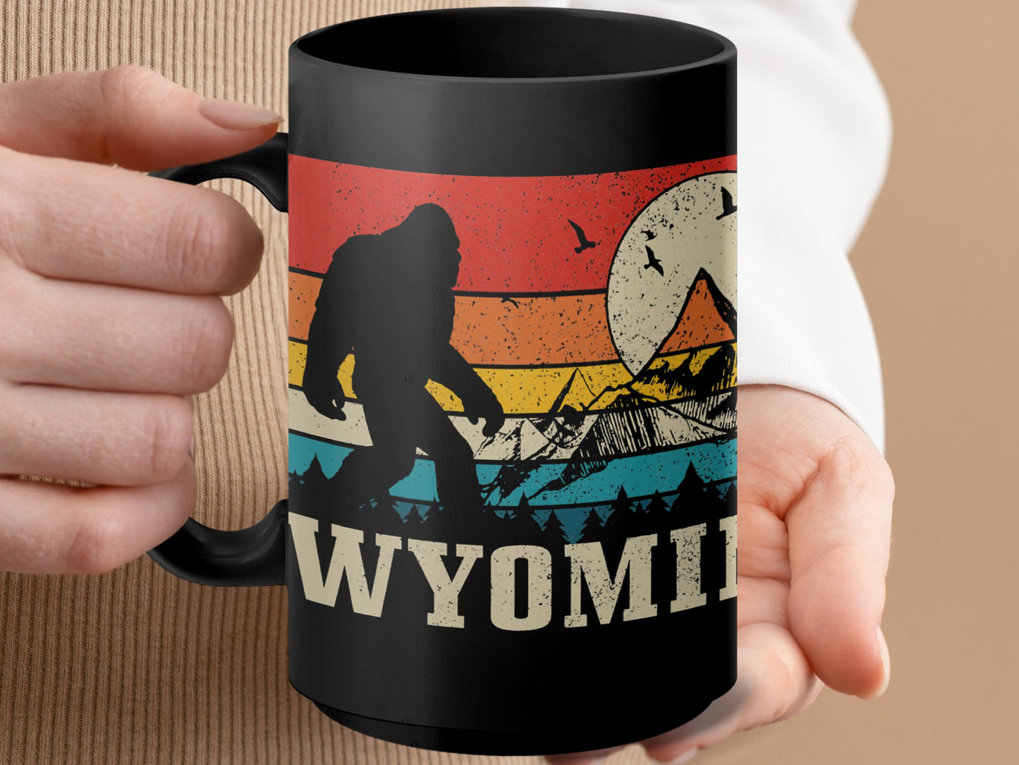 Bigfoot Coffee Mug - Wyoming Adventure Design, Retro Mountains, Nature Lover Gift, Unique Coffee Cup