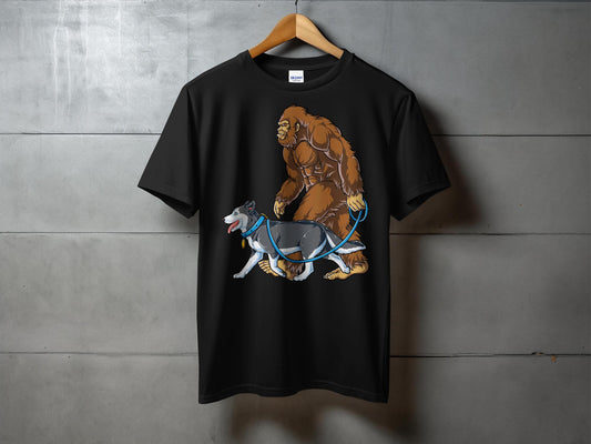 Bigfoot Walking Husky Cartoon Print T-Shirt