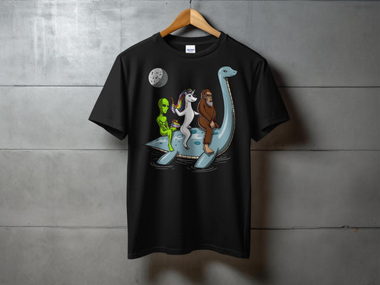 Alien Unicorn Bigfoot Riding Sea Creature T-Shirt