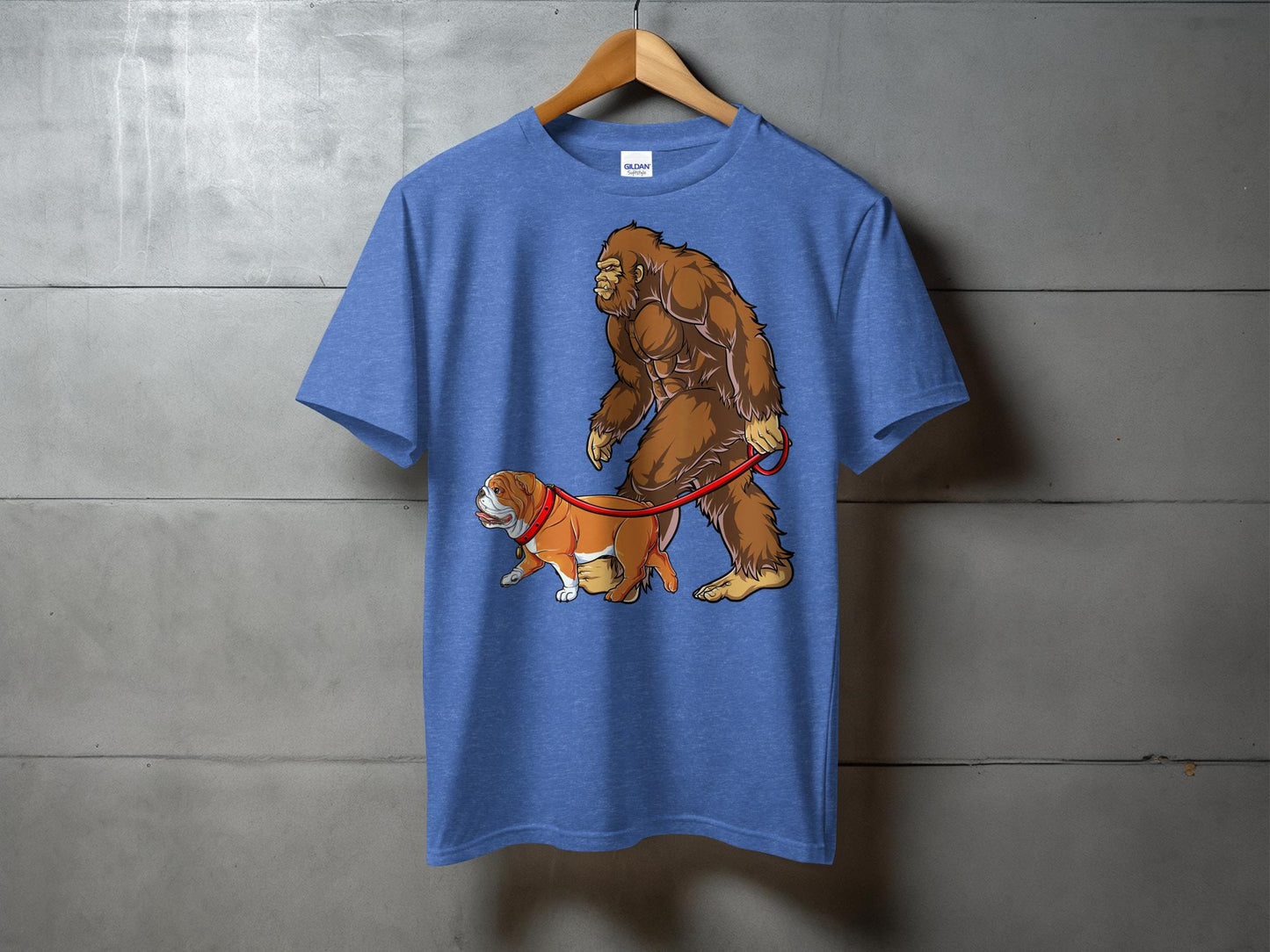 Funny Bigfoot Walking Bulldog Cartoon Graphic T-Shirt