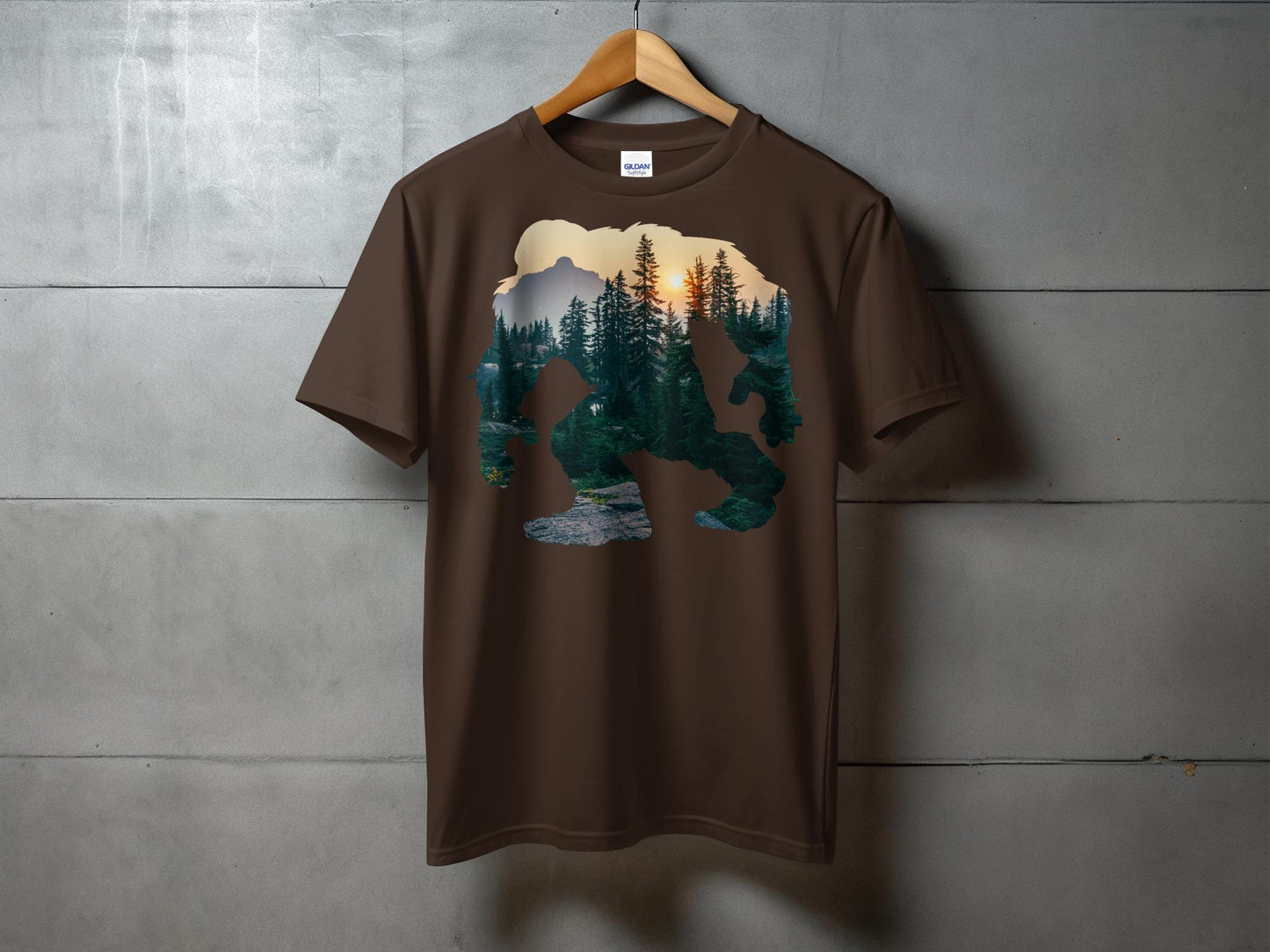 Bigfoot Silhouette with Mountain Forest Design T-Shirt