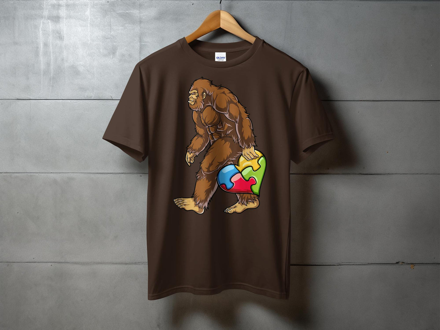 Colorful Autism Puzzle Heart and Bigfoot Walking T-Shirt