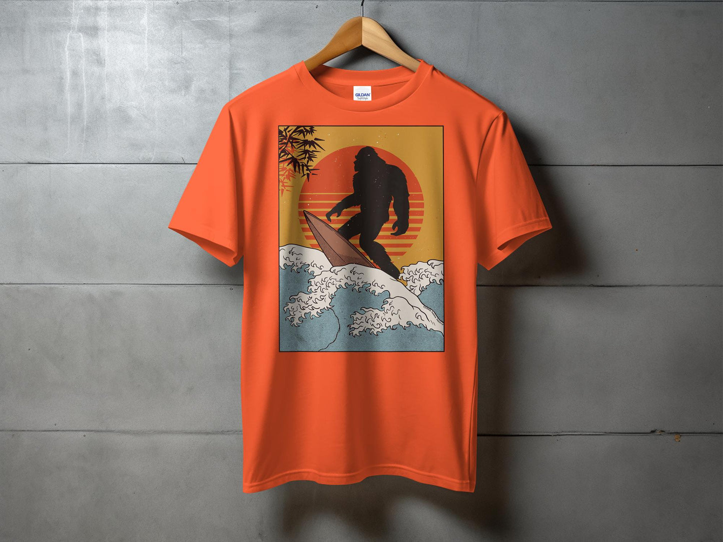 Bigfoot Surfing Retro Sunset Ocean Waves Graphic T-Shirt