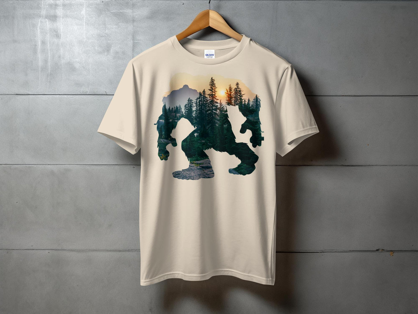 Bigfoot Silhouette with Mountain Forest Design T-Shirt