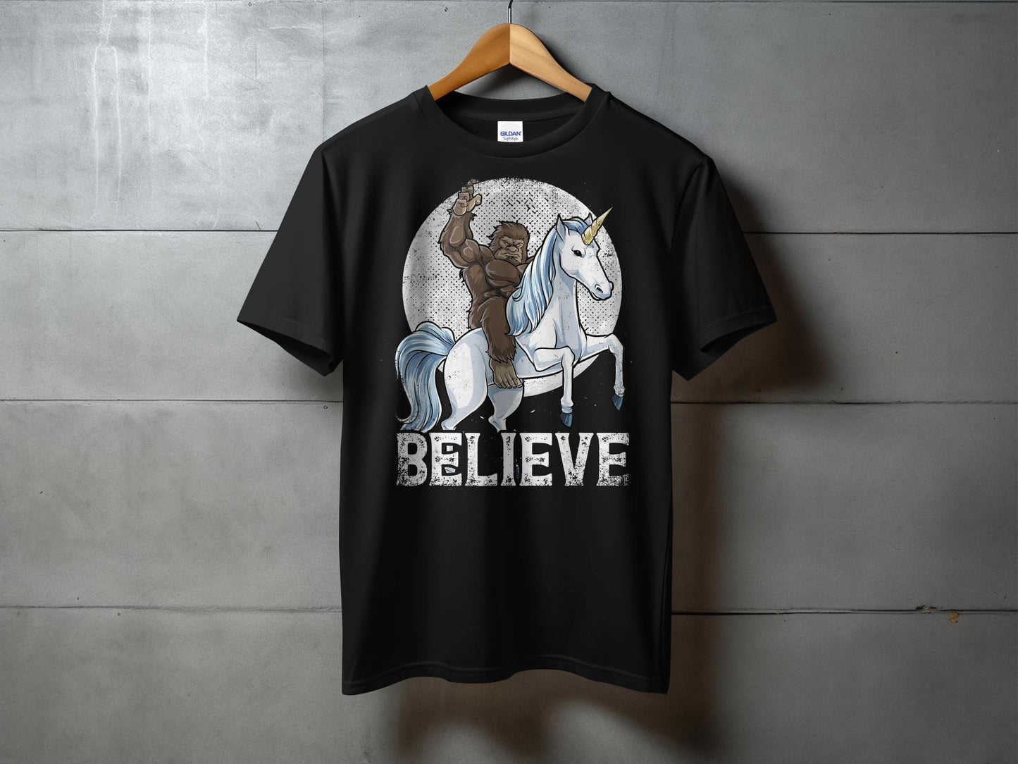 Bigfoot Riding Unicorn Believe Graphic T-Shirt