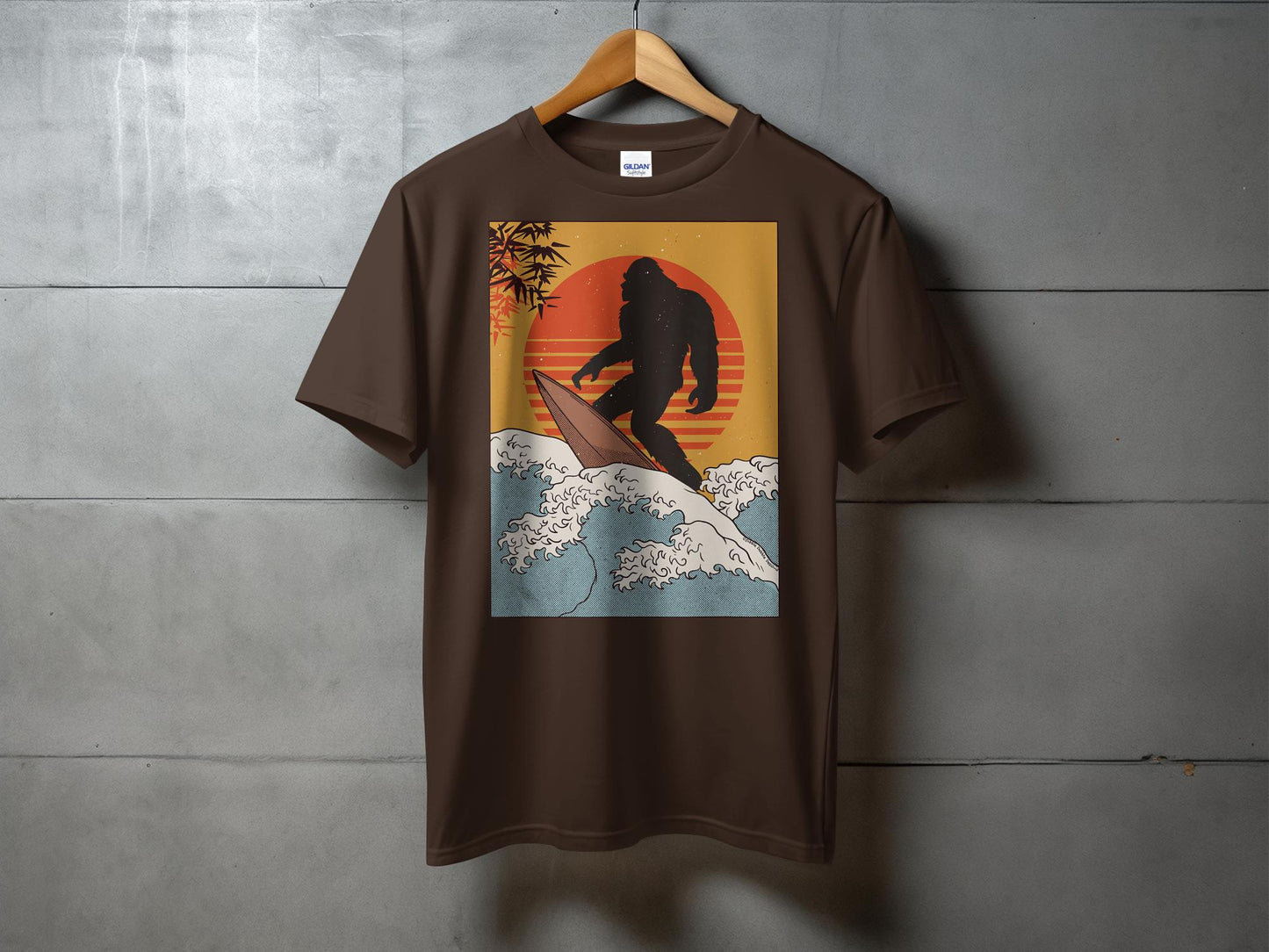 Bigfoot Surfing Retro Sunset Ocean Waves Graphic T-Shirt