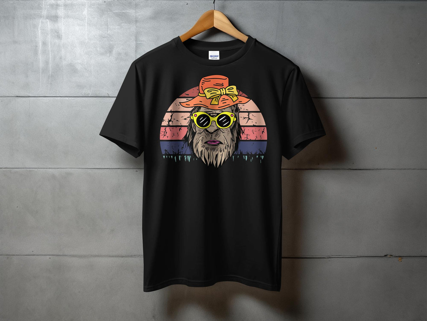 Retro Sunset Bigfoot Mama with Hat Graphic T-Shirt