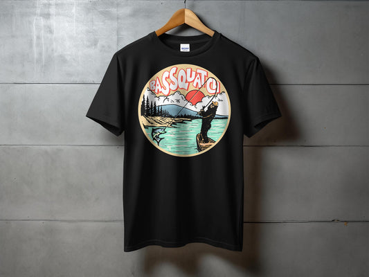 Bassquatch Catching Fish Illustration T-Shirt