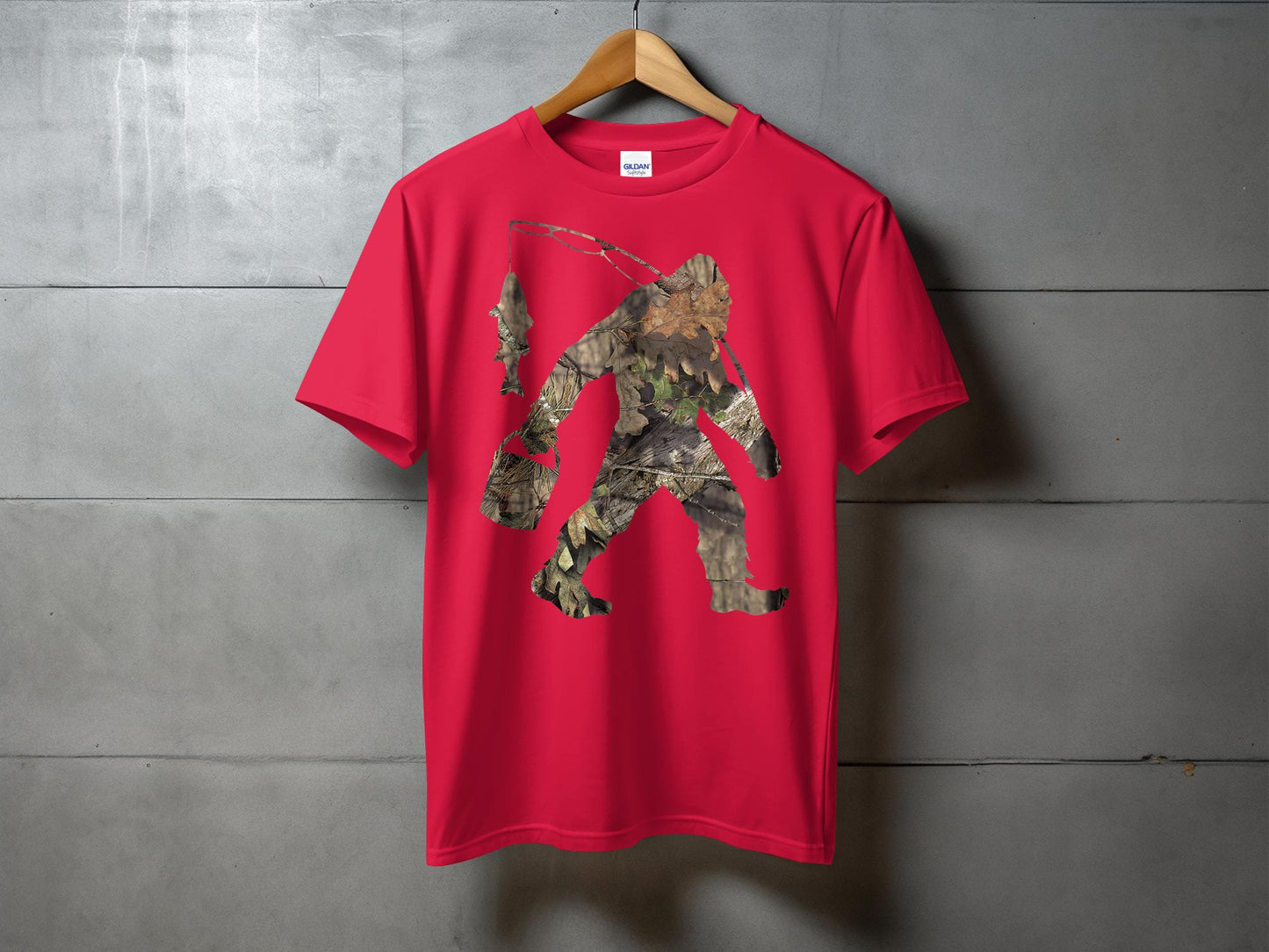 Bigfoot Carrying Fish Hidden in Forest Camouflage T-Shirt