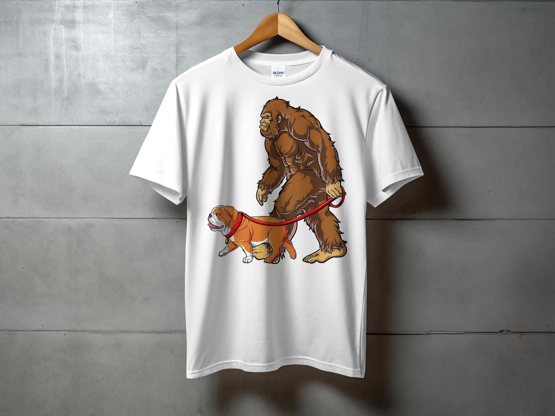 Funny Bigfoot Walking Bulldog Cartoon Graphic T-Shirt