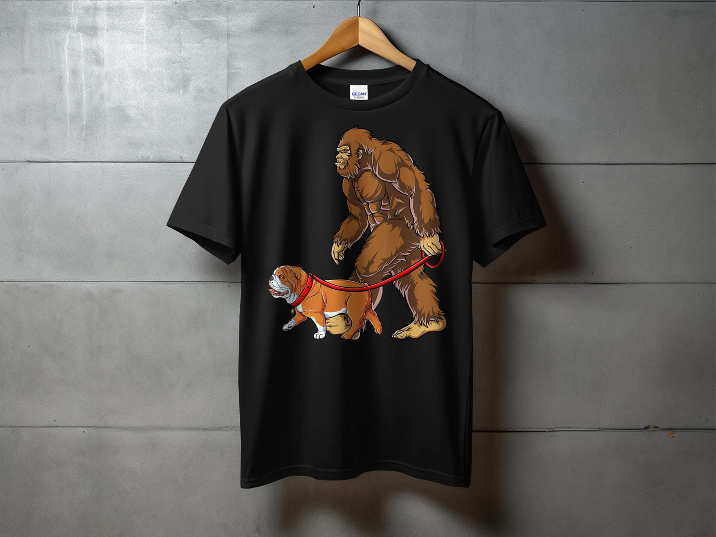 Funny Bigfoot Walking Bulldog Cartoon Graphic T-Shirt