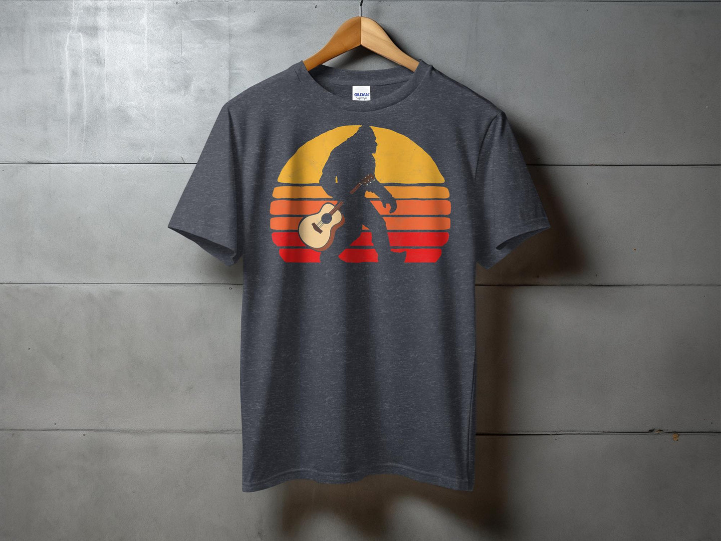 Retro Sunset Bigfoot Silhouette with Guitar T-Shirt