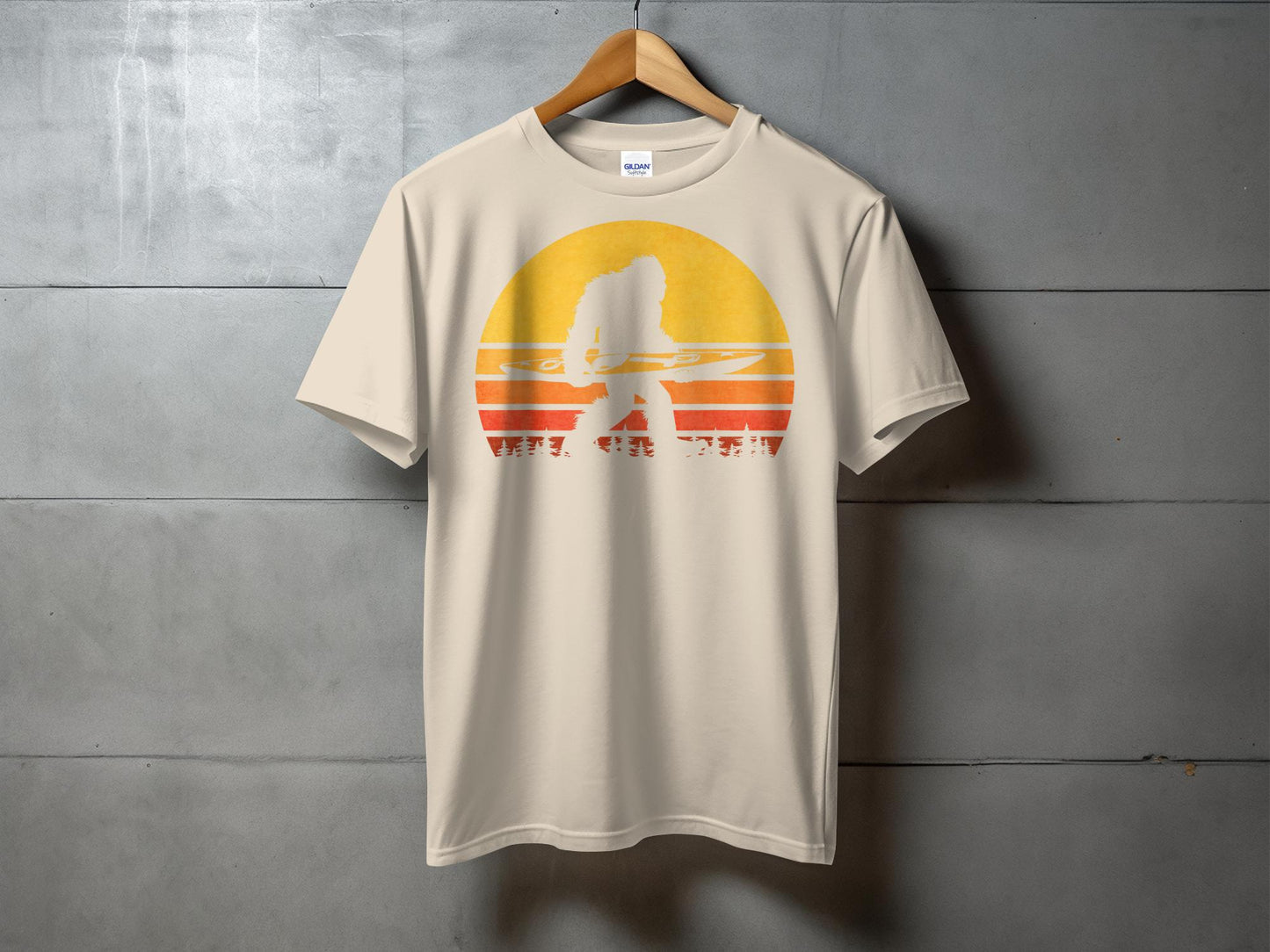 Bigfoot Carrying Kayak Silhouette Retro Style T-Shirt