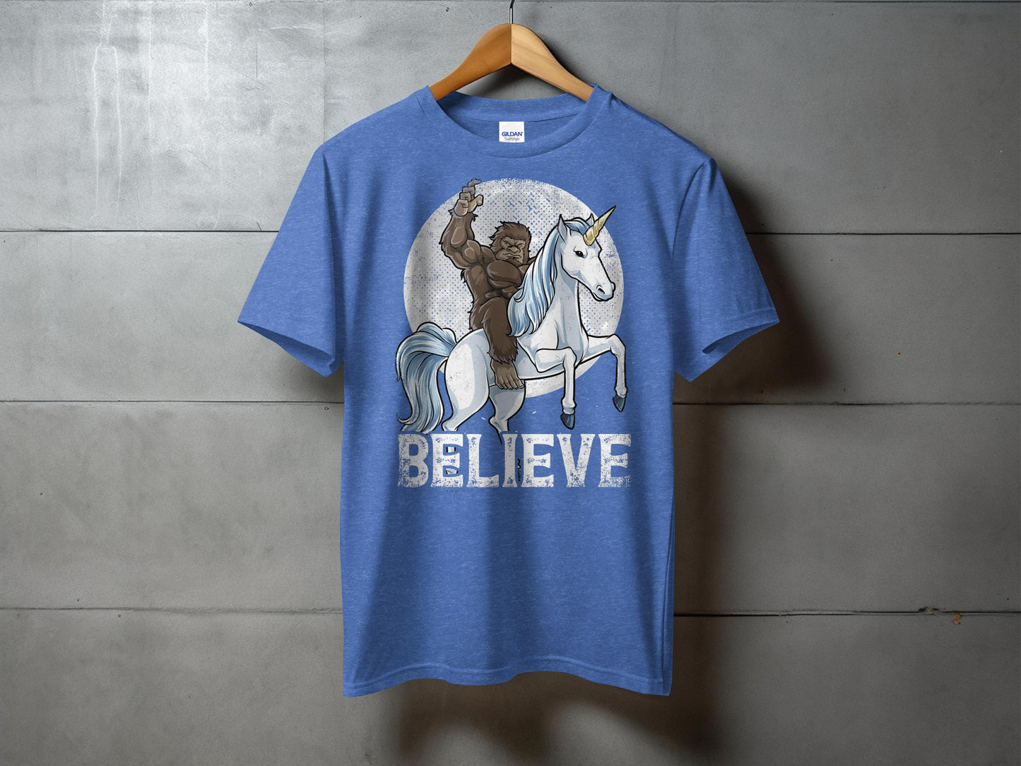 Bigfoot Riding Unicorn Believe Graphic T-Shirt