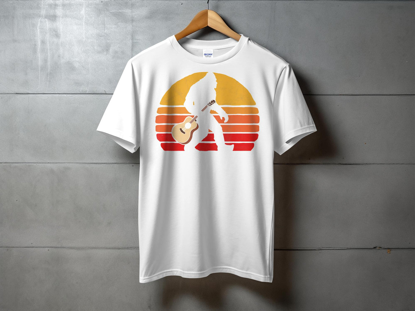 Retro Sunset Bigfoot Silhouette with Guitar T-Shirt