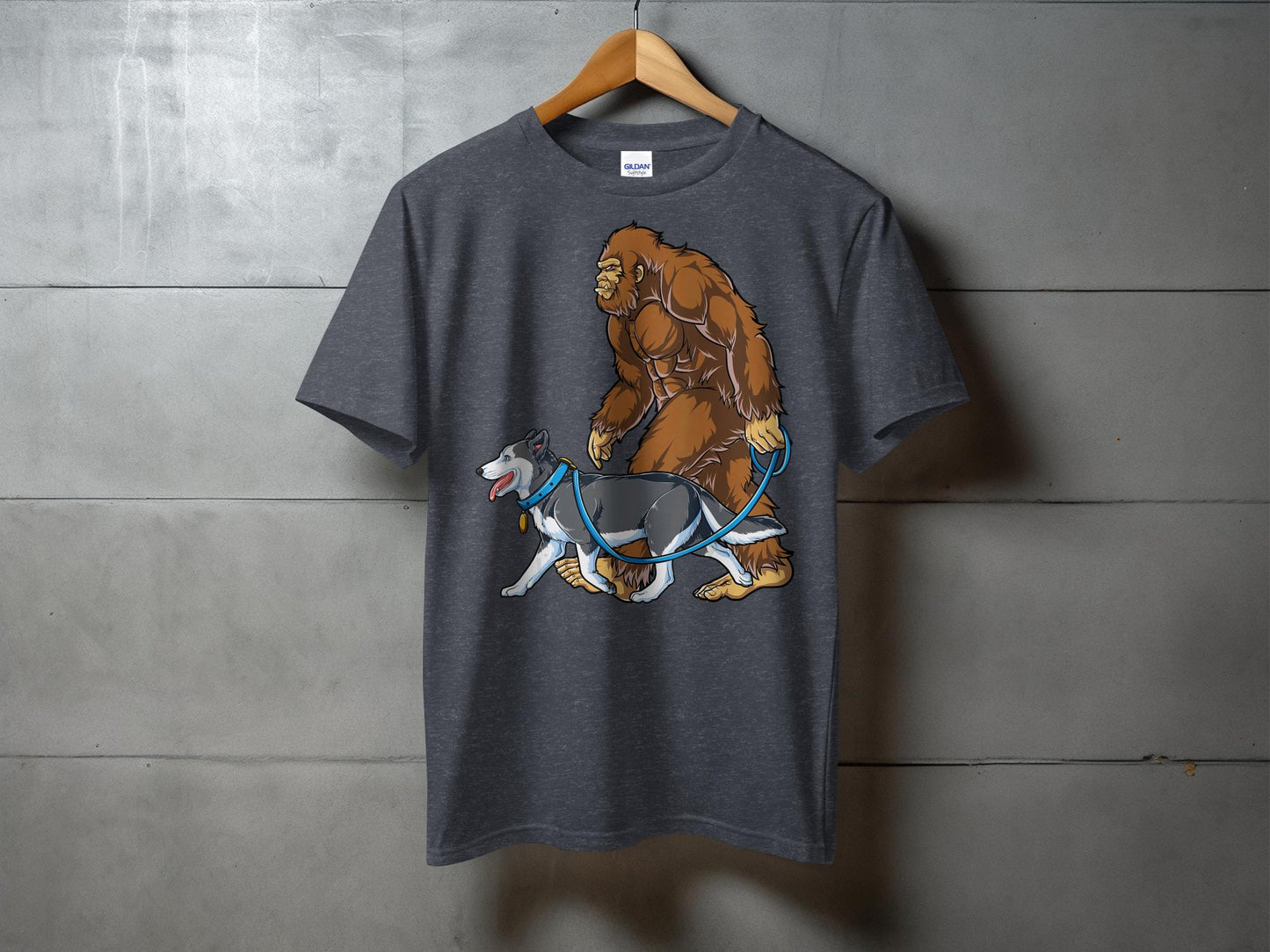 Bigfoot Walking Husky Cartoon Print T-Shirt