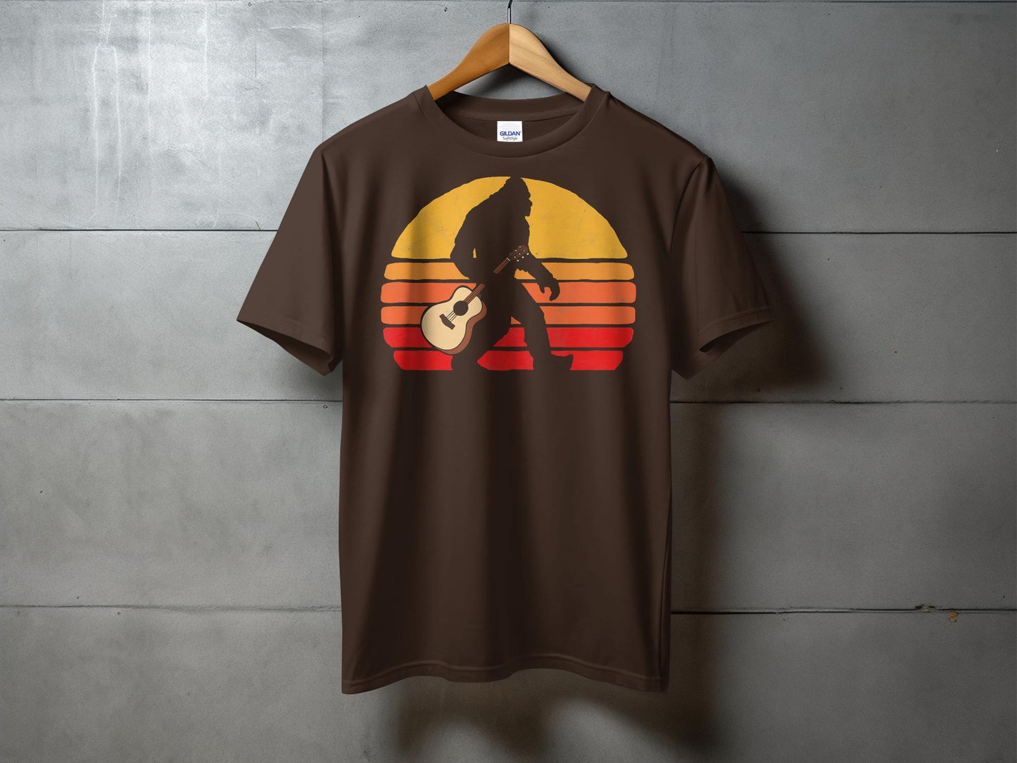 Retro Sunset Bigfoot Silhouette with Guitar T-Shirt