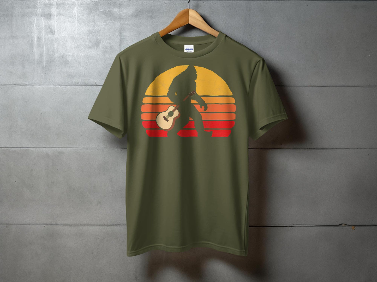 Retro Sunset Bigfoot Silhouette with Guitar T-Shirt