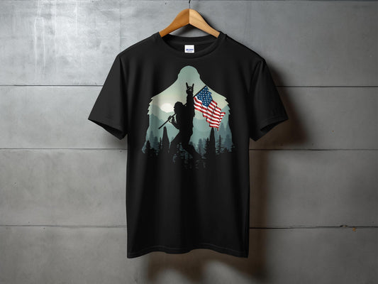 Bigfoot Silhouette Holding USA Flag Graphic T-Shirt