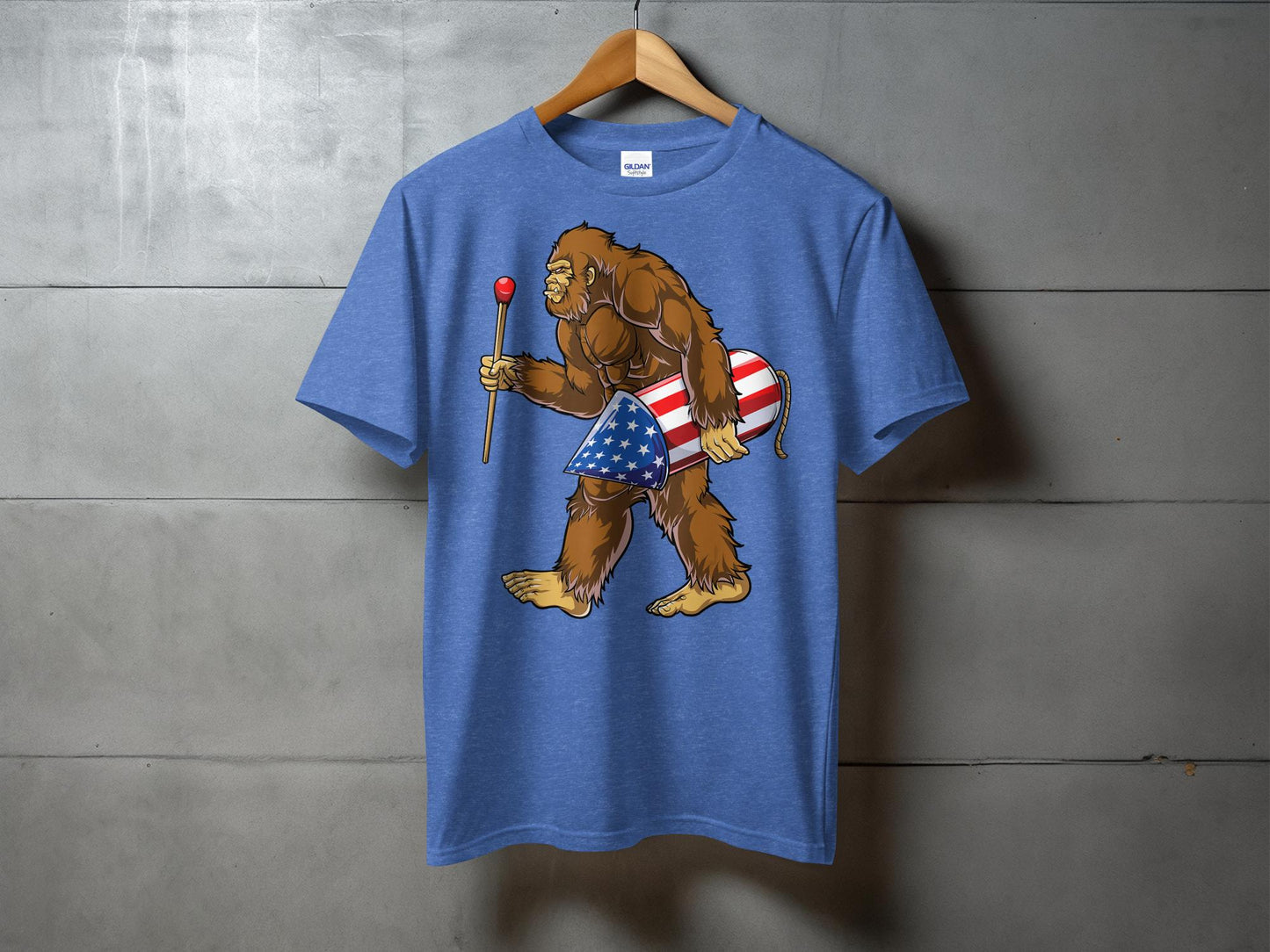 Patriotic Bigfoot Holding Rocket Design Graphic T-Shirt