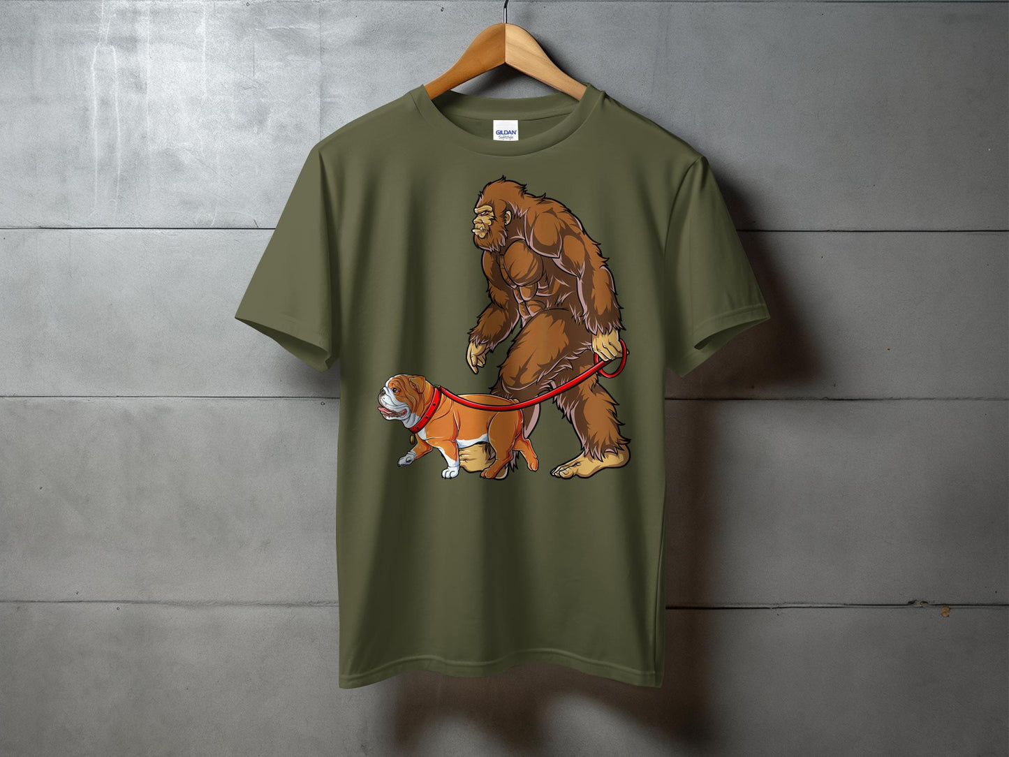 Funny Bigfoot Walking Bulldog Cartoon Graphic T-Shirt