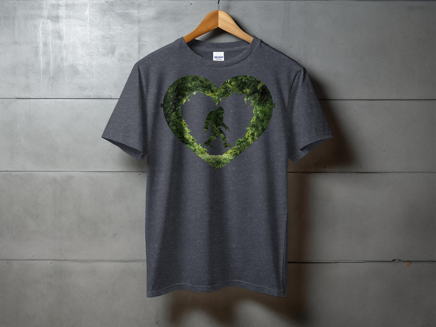 Unique Bigfoot Forest Heart Shape Graphic T-Shirt