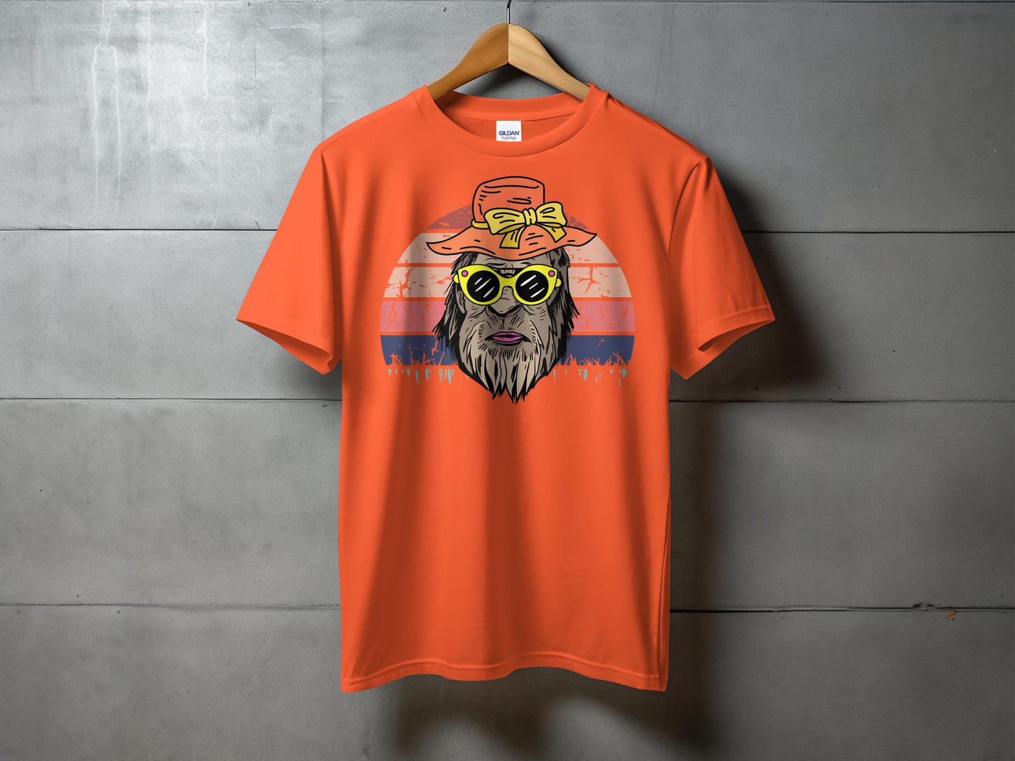 Retro Sunset Bigfoot Mama with Hat Graphic T-Shirt