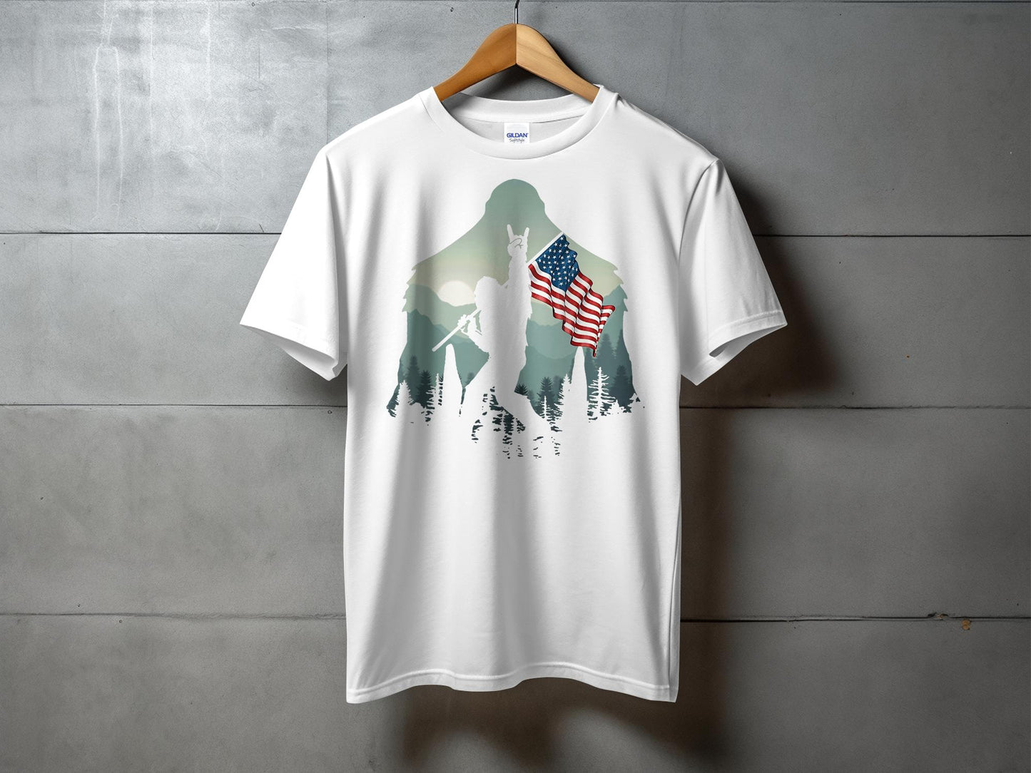 Bigfoot Silhouette Holding USA Flag Graphic T-Shirt