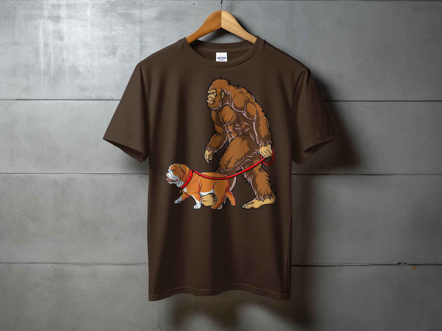 Funny Bigfoot Walking Bulldog Cartoon Graphic T-Shirt