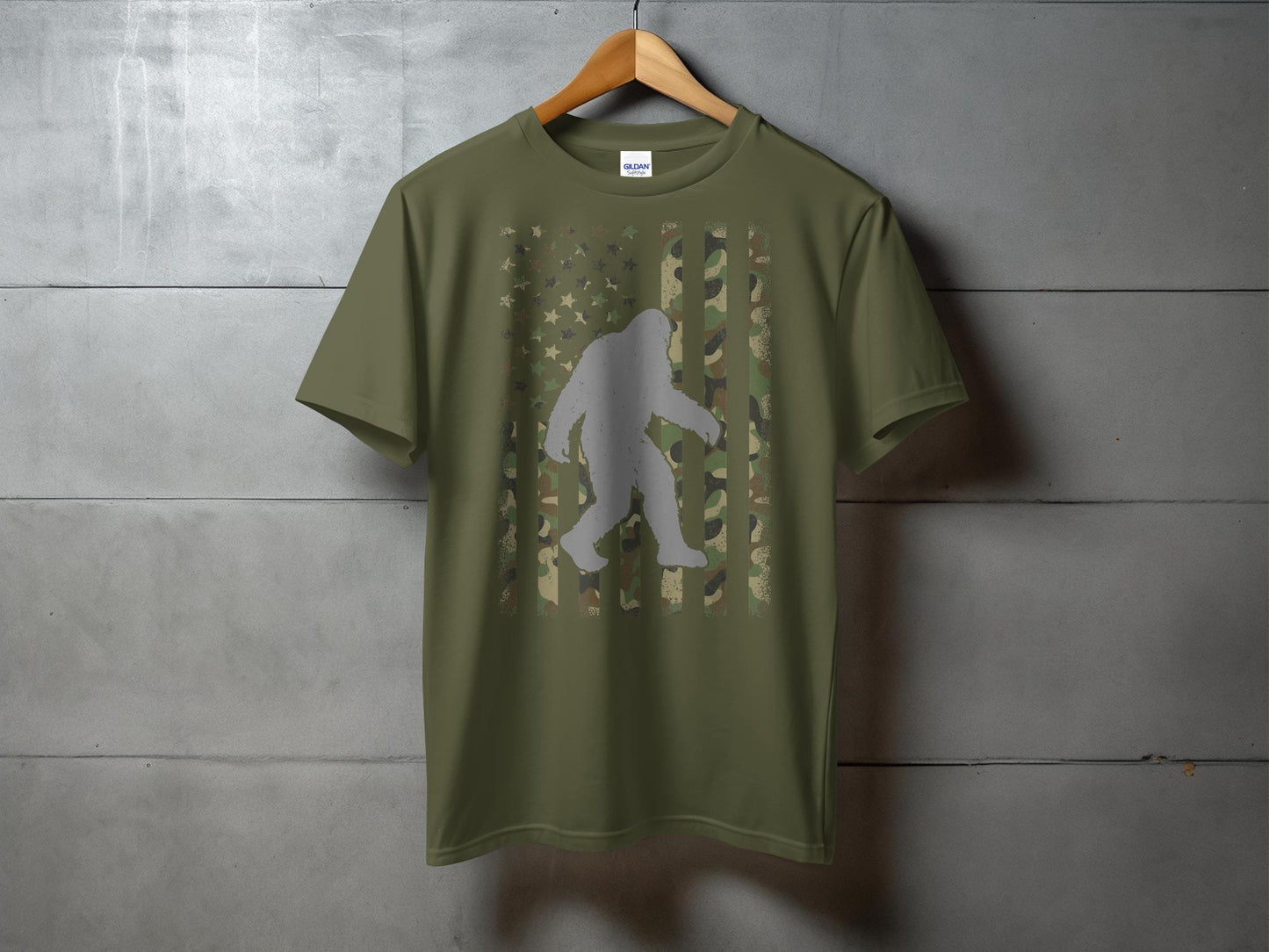 Camo Patterned Flag with Sasquatch Silhouette T-Shirt