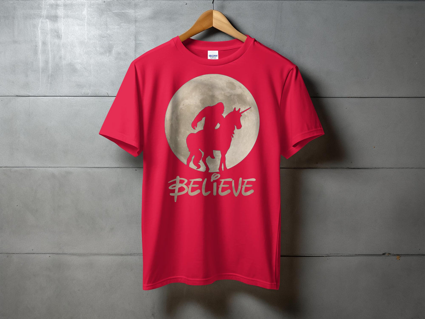 Bigfoot Riding Unicorn Believe Graphic Print T-Shirt