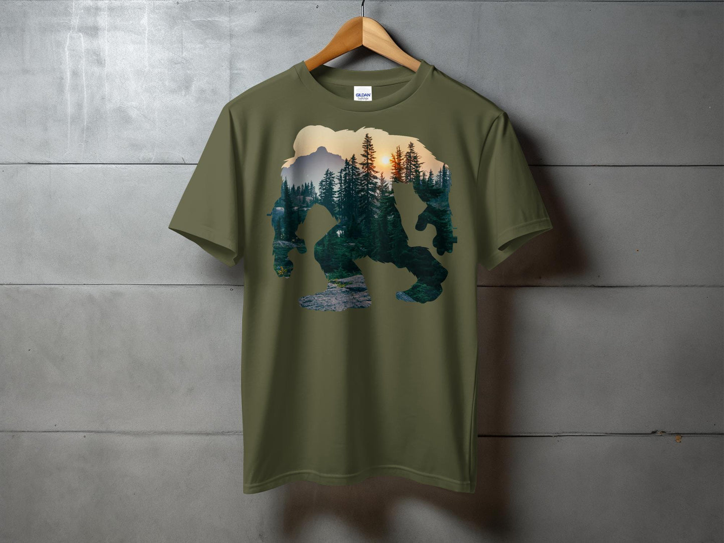 Bigfoot Silhouette with Mountain Forest Design T-Shirt