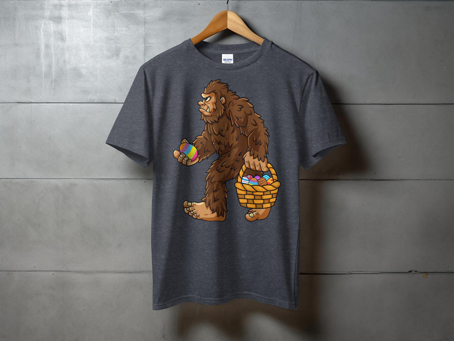 Bigfoot Holding Basket of Colorful Easter Eggs T-Shirt